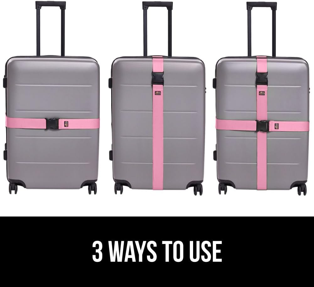 GORILLA GRIP Heavy Duty 4 Pack Adjustable Luggage Straps for Suitcases, Easy to Identify Travel Belt Connector Holds Suitcase Together, Extends Life of Bag, Strap Connects Two Bags, Accessories Pink