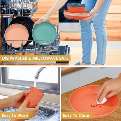 48Pcs Wheat Straw Dinnerware Sets, Unbreakable Plastic Plates and Bowls Sets, Dinner Sets for 4 People, Travel Picnic Camping Cutlery Set, Home Party Cutlery Set, Dishwasher Microwave Safe Dishes