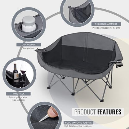 Double Camping Chair Heavy Duty 600LBS 2 Person Loveseat w 2 Cup Holders