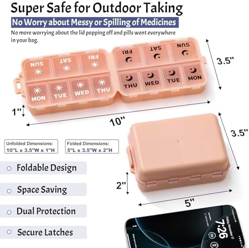 Foldable Portable 7 Day Pill Organizer 2 Times a Day, AM PM Weekly Pill Box