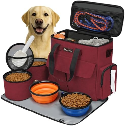Modoker Weekend Dog Travel Bag with 2 Food Bags, 2 Bowls and Mat,Rose Red