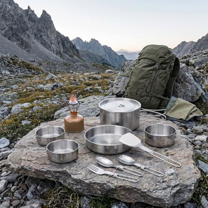 13 Piece Camping Cookware Set Stainless Steel Pots and Pans Set with Folding Forks Spoons Spatulas, Portable Lightweight Camping Mess Kit for Backpacking, Outdoor Cooking