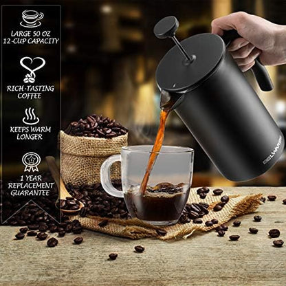 Large Insulated French Press Coffee Maker, Matte-Black Stainless Steel 50oz