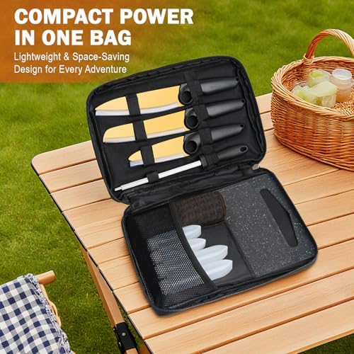 Outdoor Santoku Knife Set – 3 Titanium-Coated Knives with Grip Ring Handles, Sharpener, Cutting Board, Seasoning Bottles & Travel Case – Portable BBQ, RV & Beach Cooking Kit