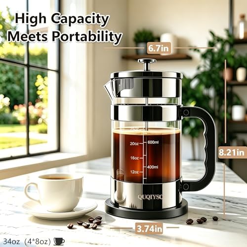 QUQIYSO French Press Coffee Maker 34oz, Thickened Glass Coffee French Press