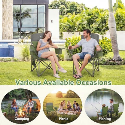 Oversized Camping Chairs 2 Pack - Heavy Duty 400LBS Padded Lawn Chair with Cooler Bag,Cup Holder,Side Pocket,Collapsible for Outdoor,Camp,Fishing & Garden,Olive Green