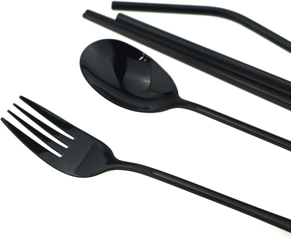 7 Pcs Portable Flatware Set, 304 Stainless Steel Cutlery Set Travel Utensils Set w/Pouch Fork Spoon Chopsticks Straws for Travel Camping Office, Dishwasher Safe (Black)