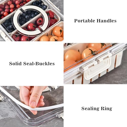 Divided Veggie Tray with Lid and Handle 4 Compartment Serving Tray Portable Travel Snack Storage Containers Stackable Snackle Box Charcuterie Container for Fruit,Vegetable,Salad