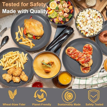 LIYH 16pcs Wheat Straw Dinnerware Sets - Unbreakable Dinnerware Sets for 4, Plastic Plates and Bowls Set Reusable Tableware Plates Dishes Set for 4 Dark Grey 8 Plate 4 Bowls 4 Cups