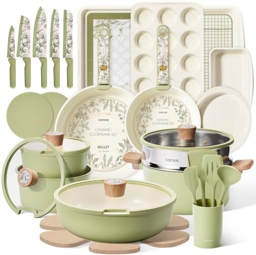CAROTE 42pcs Ceramic Cookware Set, Pots and Pans Set with Detachable Handle
