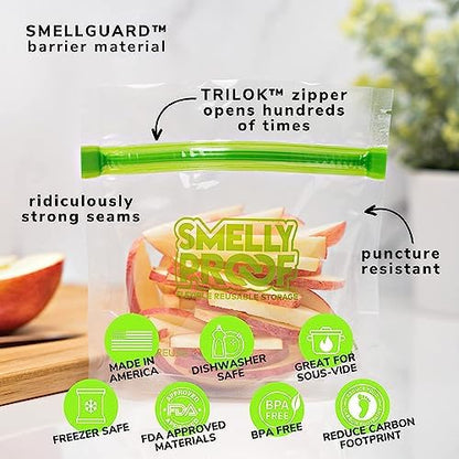 Smelly Proof 15 x Reusable Food Storage Bags, Reusable Freezer Bags, Reusable Snack Bags, Stand-Up Expandable “Stand & Fill”, Clear 3-Mil 6” x 4”, US Made, BPA FREE, NO PEVA, 15-pk