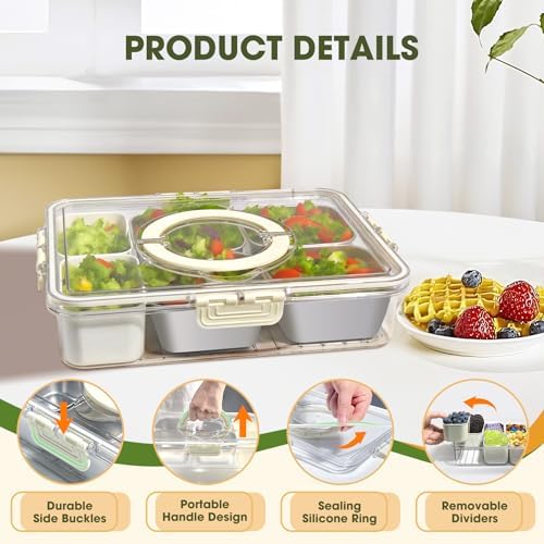 6 Compartment Snackle Box Container 3.82L with Lid & Handle, 4 PCS Stainless Steel Snacklebox and 2 PCS Plastic Box, Detachable & Dishwasher Safe, Divided Box Storage for Snack Fruit Nut