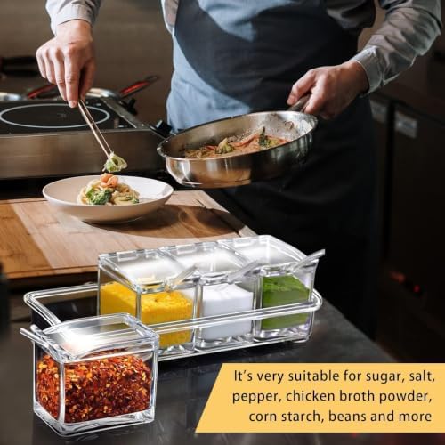 4 Cell Clear Seasoning Box with Spoons, Salt and Pepper Caddy with Tray