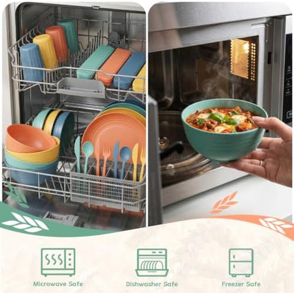 PYRMONT Wheat Straw Dinnerware Sets Unbreakable Dish Set for 4 Dishwasher & Microwave Safe Plates and Bowls Sets 28 PCS Alternative Plastic Dishes Set for Camping,Picnic,BBQ-Colorful