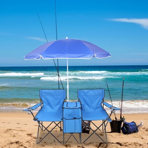 Outvita Folding Double Camping Chair w/Umbrella, Cooler for Beach Patio L