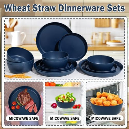 EjonirInjonir 12pcs Unbreakable Blue Dishes Set for Camping, Wheat Straw