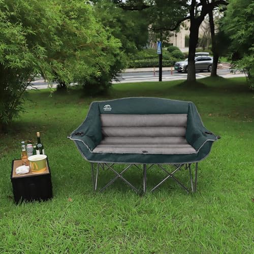 Fully Padded Folding Double Camping Chairs,Comfy Oversized Loveseat Lawn Chair w/Wine Glass Holder,Cup Holder,Heavy Duty Outdoor Portable Camp Couch Support 600 Lbs,Dark Green