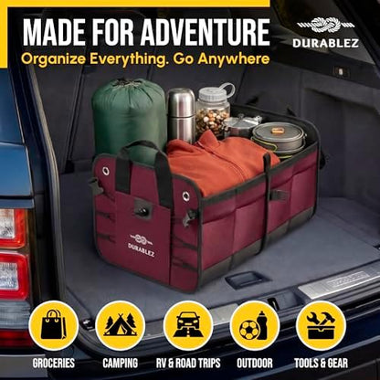 Car Trunk Organizer - Collapsible, Foldable - with Covering Net, Removable Dividers, Attachable Non-Slip Pads, Mounting Straps, and Stainless Hooks - for SUV, Truck, Sedan, Minivan, and Van - Cherry