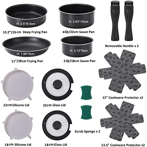 16 Pieces Kitchen Removable Handle Cookware Sets, Stackable Pots and Pans Set Nonstick for Induction Gas RVs Camping Space Saving