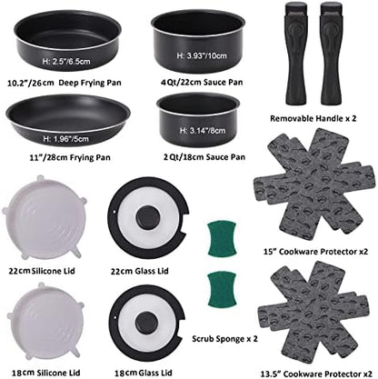 16 Pieces Kitchen Removable Handle Cookware Sets, Stackable Pots and Pans Set Nonstick for Induction Gas RVs Camping Space Saving