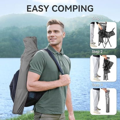 Nazhura 2 Pack Outdoor Camping Chairs Folding/Foldable/Portable with Cooler Pouch, Mesh Backrest and Cup Holder Pocket (Grey, Metal, 2 Pack)