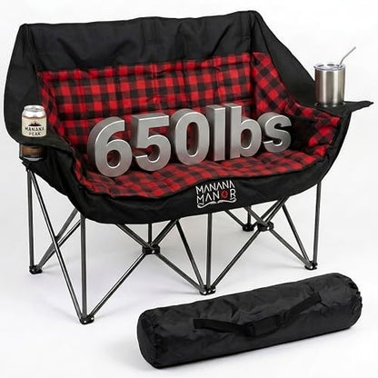2 Person Camping Chair - Double Folding Chair for Adults - Supports 650 Pounds - Extra Padded Double Seat Camping Chair - Portable 2 Person Camping Couch for Patio and Beach