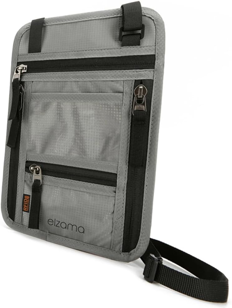 elzama Travel Neck Wallet, Neck Passport Holder, RFID Blocking Passport Wallet Super Slim & Lightweight Travel Pouch Holder for Men & Women (Light Grey)