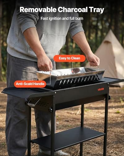 VEVOR Foldable Charcoal Grill, Portable Charcoal Barbecue Grill with Adjustable Height & Folding Side Tables, High-Temp Powder-Coated Steel Outdoor BBQ Grills for Camping Backyard Parties