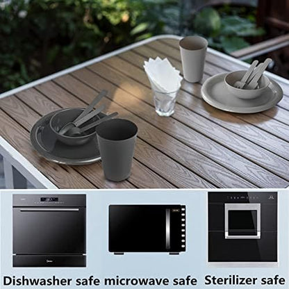 24Piece Plastic Plates and Bowls Sets Dinnerware Set Dishes Set for 4,College Dorm Room Essentials,Camping Plates and Bowls with Tumbler,Knives,Forks and Spoons,Mess Kit,Microwave Safe,BPA Free