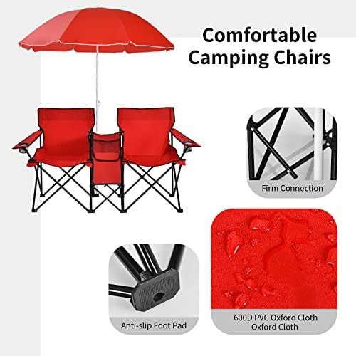 Goplus Double Camping Chairs with Umbrella, Cooler for Beach Patio