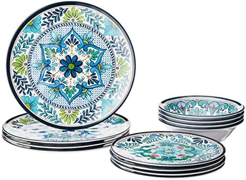 Talavera Melamine 12-Piece Dinnerware Set – Multicolored Plates and Bowls for 4, Spanish Tile-Inspired, Durable, Lightweight, Shatterproof, Dishwasher Safe, Indoor Outdoor Tableware
