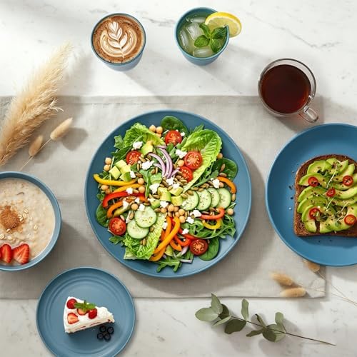 40-Piece Wheat Straw Dinnerware Sets,Unbreakable Dishes Set for 8 - Drinking Cups, Plates and Bowls Sets, Reusable Microwave Safe Dinnerware Set for Home, Outdooor, RVs - Blue