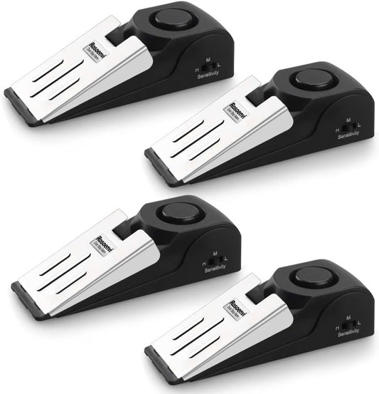 4 Pack Door Stop Alarm, Door Stopper with 120DB Security Alarm, Floor Wedge Door Stop Siren, Door Security Devices for Traveling, Apartment, Hotel and Home, Black