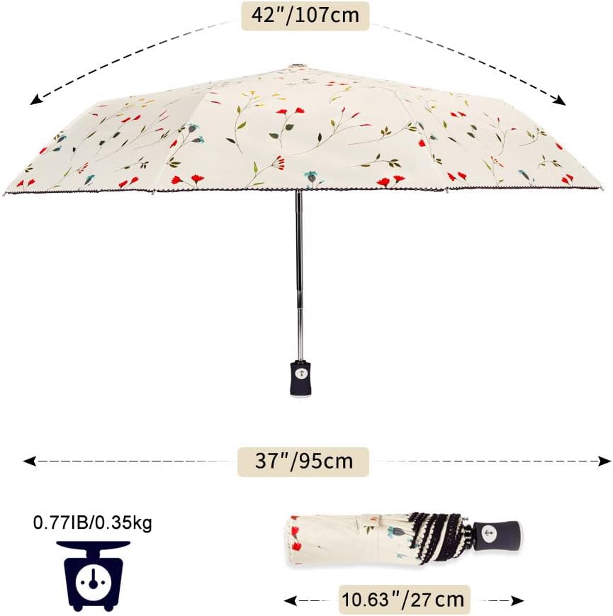 Cuby UV Sun Umbrella Compact Folding Travel Umbrella Auto Open and Close for Windproof, Rainproof & 99.9% UV Protection Parasol with Black Anti-UV Coating (Flowers)