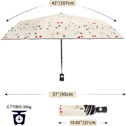 Cuby UV Sun Umbrella Compact Folding Travel Umbrella Auto Open and Close for Windproof, Rainproof & 99.9% UV Protection Parasol with Black Anti-UV Coating (Flowers)