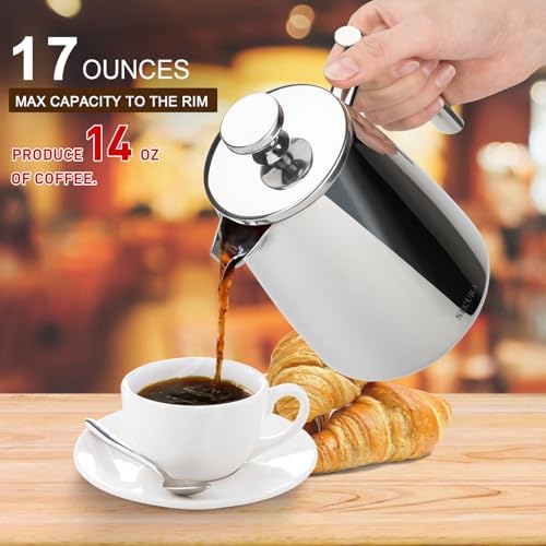Secura French Press Coffee Maker, 17-Ounce, 304 Stainless Steel Insulated Coffee Press with Extra Screen