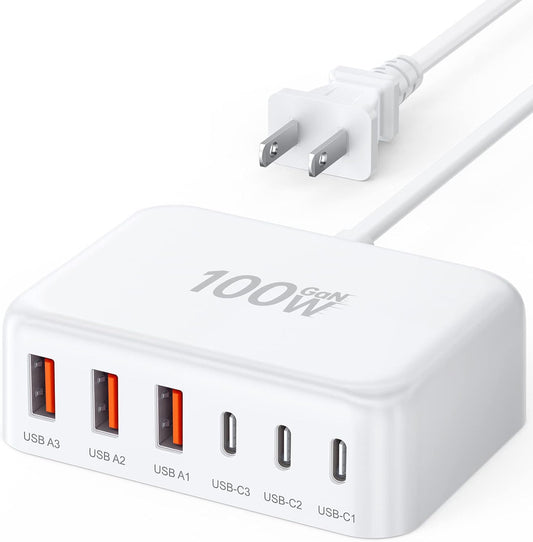 USB C Fast Charger, 100W GaN 6 Port Type C Charging Station Hub Block Cube, USB C Wall Charger Power Strip Adapter Plug for iPad iPhone 17 16 15 14 13 12 Pro Max Pixel Note Galaxy, 5ft Cord
