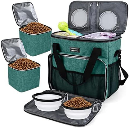 BAGLHER Pet Travel Set Airline-Approved Carrier for Small/Medium Cats & Dogs + Travel Bag with Food Containers & Silicone Bowls, Grey & Green