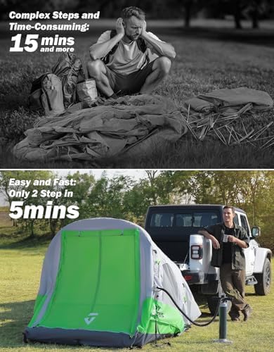 JOYTUTUS Inflatable Truck Bed Tent 5.5-6.5FT with Awning, Includes Air Pump for Quick 30S Setup, Dual-use Pickup or Camping Tent for 2 Person, Truck Tent with Waterproof Roof Shade and 3 Windows