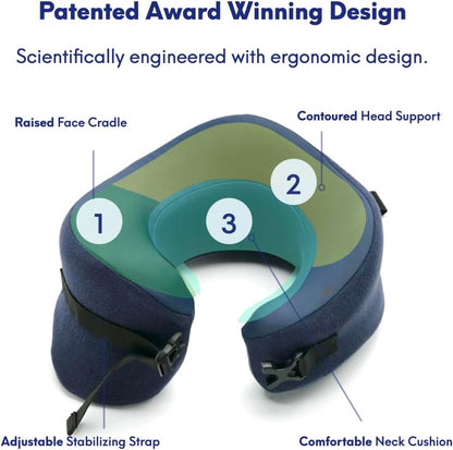 C CUSHION LAB Travel Pillow, Award-Winning Patented Ergonomic Design for Chin & Neck Support Memory Foam Neck Pillow, Compact Airplane Pillow for Traveling, Flight, Car (Navy, Large)