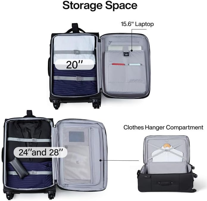 Hanke 20 Inch Softside Expandable Carry On Luggage with Spinner Wheels, Rolling Suitcase Travel Luggage with TSA Approved Luggage,Black