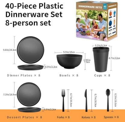 56 Piece Plates and Bowls Sets for 8, Kitchen Dinnerware Sets, Plastic