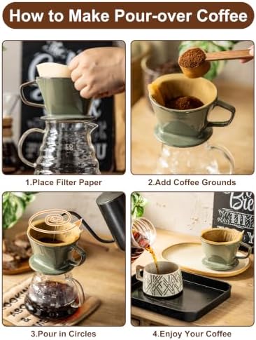 Gomakren Ceramic Pour Over Coffee Dripper, 3-Hole Cone Brewer, Olive Green