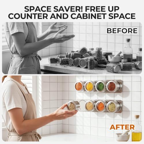 Vetacsion Set of 16 Magnetic Spice Tins with 4 Metal Wall-Plates,120 Preprinted Seasoning Label Stickers,2 Styles for 3 oz Herb Jars