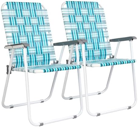 VINGLI Patio Lawn Webbed Folding Chairs Set of 4, Outdoor Beach Chair Portable Dining Chair for Outdoor Yard, Garden (White & Blue, Classic)