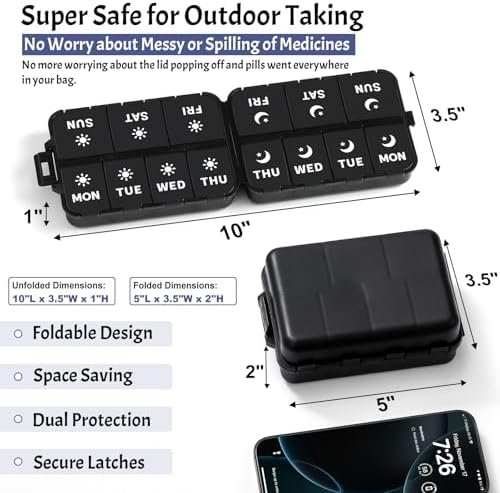Foldable Portable 7 Day Pill Organizer 2 Times a Day, AM PM Weekly Pill Box