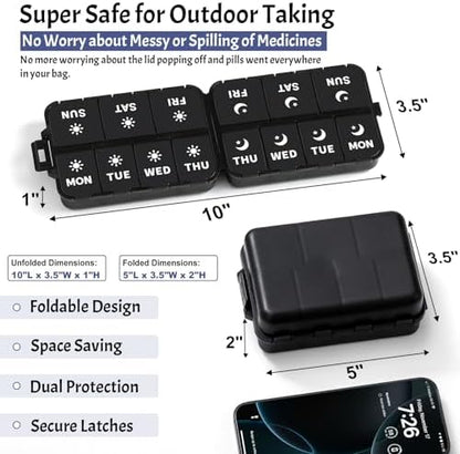 Foldable Portable 7 Day Pill Organizer 2 Times a Day, AM PM Weekly Pill Box