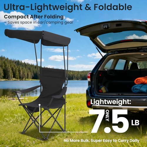 Portable Camping Chair 2 Pack with Foldable Canopy, Folding Outdoor Chair with Cup Holder & Side Pocket for Camping, Hiking, Picnic, Beach (Black)