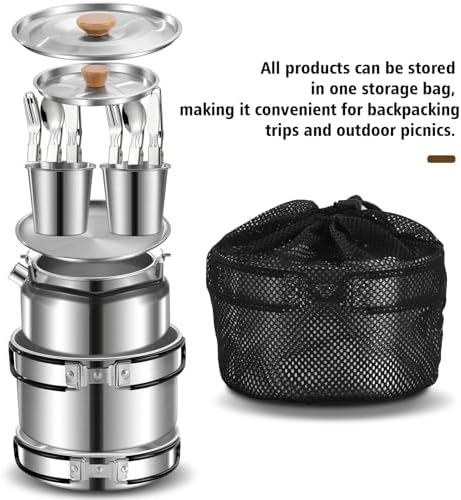 12pcs Outdoor Camping Cookware Kit, Lightweight Stainless Steel Kettle, Non-Stick Pot and pan, with Fork Spoon Kits Suitable for picnics and Backpacking Trips