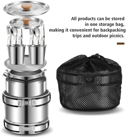 12pcs Outdoor Camping Cookware Kit, Lightweight Stainless Steel Kettle, Non-Stick Pot and pan, with Fork Spoon Kits Suitable for picnics and Backpacking Trips